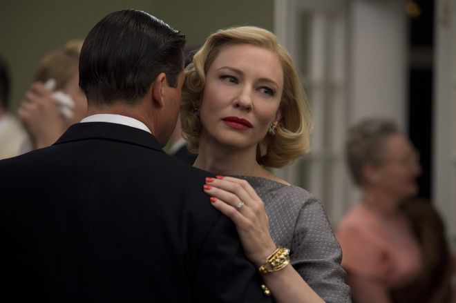 This photo provided by The Weinstein Company shows, Kyle Chandler, left, as Harge Aird, and Cate Blanchett as Carol Aird in a scene from the film, "Carol." The movie opened in U.S. theaters on Nov. 20, 2015. (Wilson Webb/The Weinstein Company via AP) ORG XMIT: CAET299