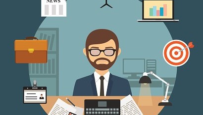 Businessman with office supplies laptop and finance business icons