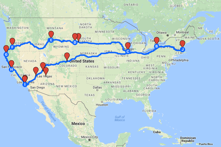 Google map chỉ cho phép đánh dấu tối đa 15 địa điểm. Trên thực tế, Nguyên đã cùng bạn đồng hành đi đến khoảng 20 tiểu bang trên khắp nước Mỹ. 